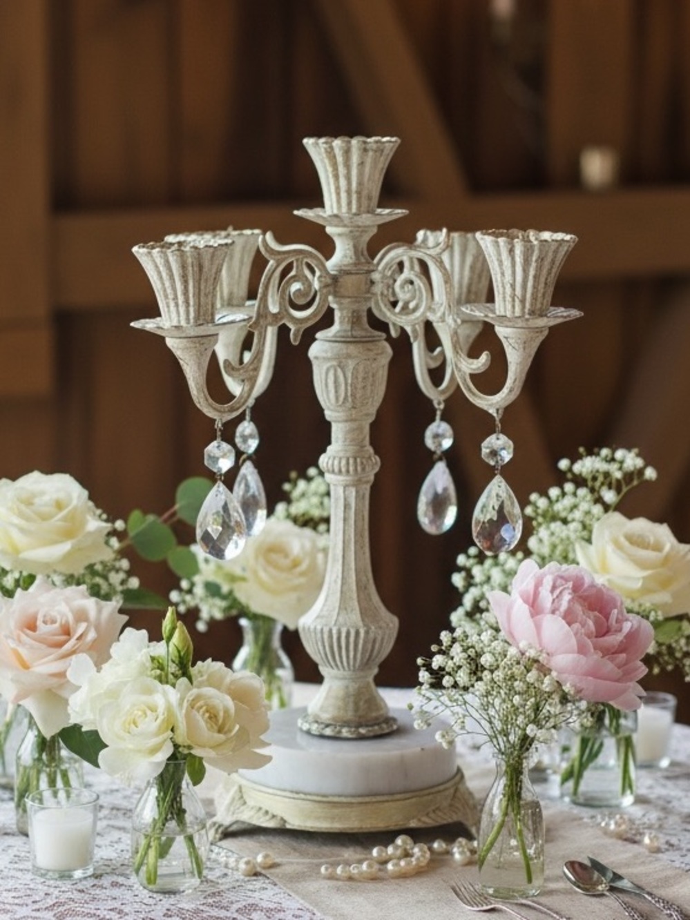 Vintage Ivory & Gold Metal Candelabra with Crystal Drops and Marble Footed Base